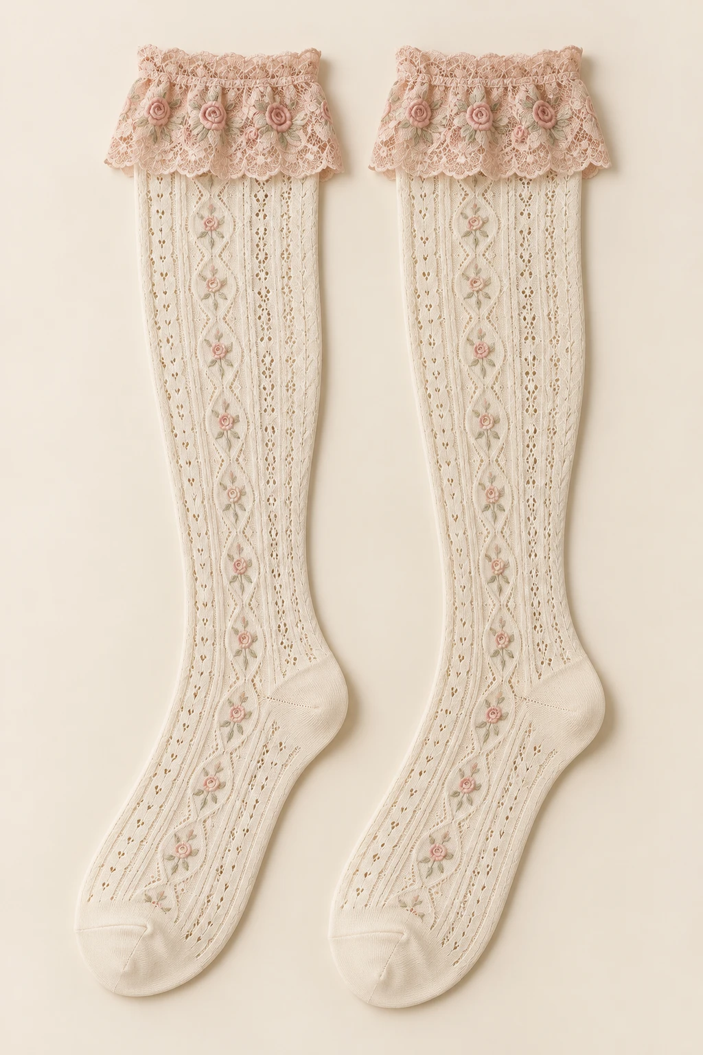Ivory / dusty rose Aurelia Rose Knee-Highs lace long socks