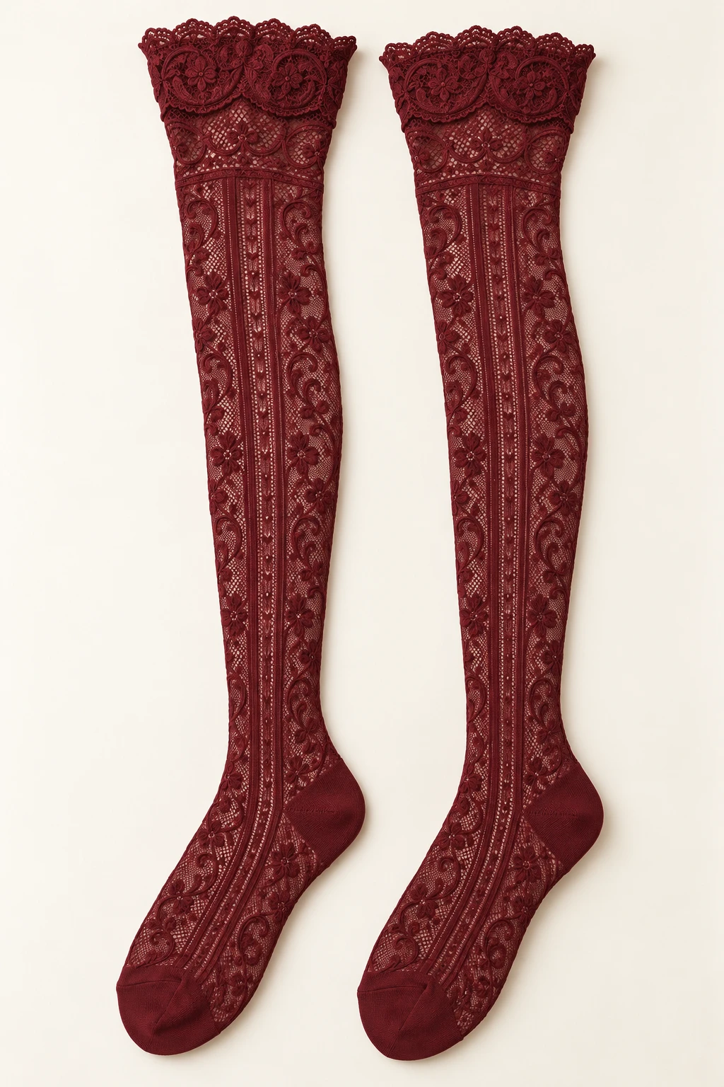 Burgundy Helena Scroll Over-Knees lace long socks