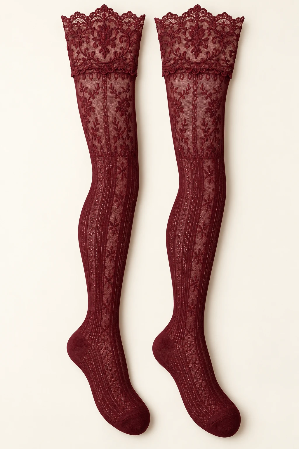 Burgundy Theodora Scroll Thigh-Highs lace long socks